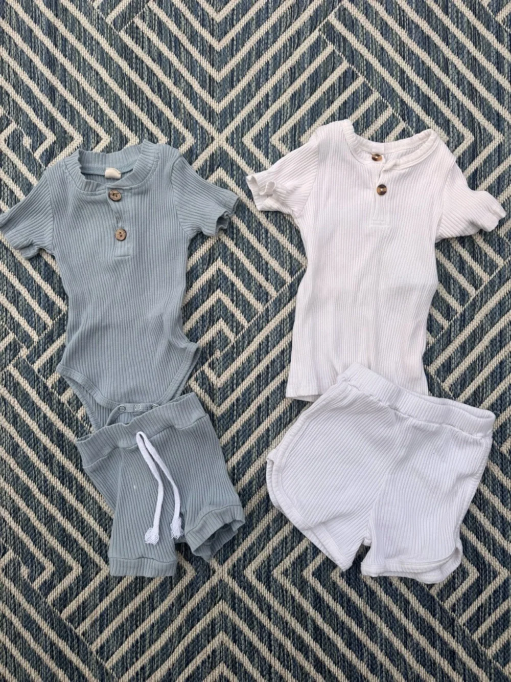 Neutral Ribbed Baby Two-Piece Sets - Light Blue & White